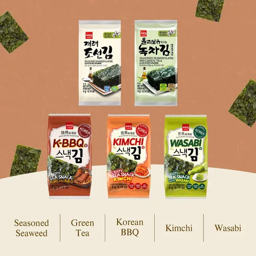 Vista 7 de Wang Bocadillos de algas coreanas con sabor a kimchi, hojas de algas tostadas crujientes, aperitivo saludable de marihuana, keto, vegano, sin