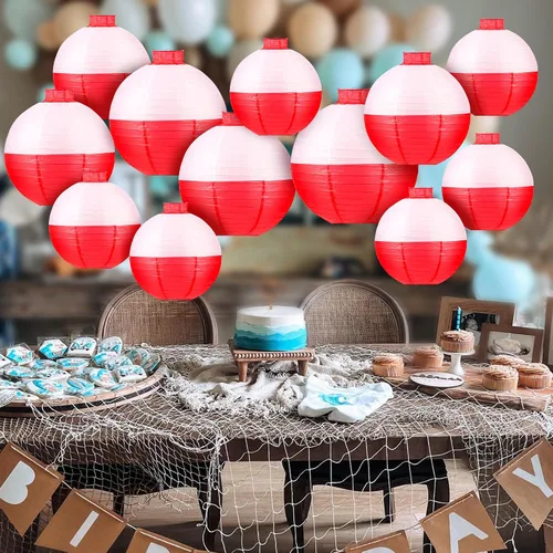 Vista 3 de Faroles de papel de pesca Bobber redondos, 12 linternas de papel colgantes rojas y blancas para pescadores, suministros de decoración de fiestas