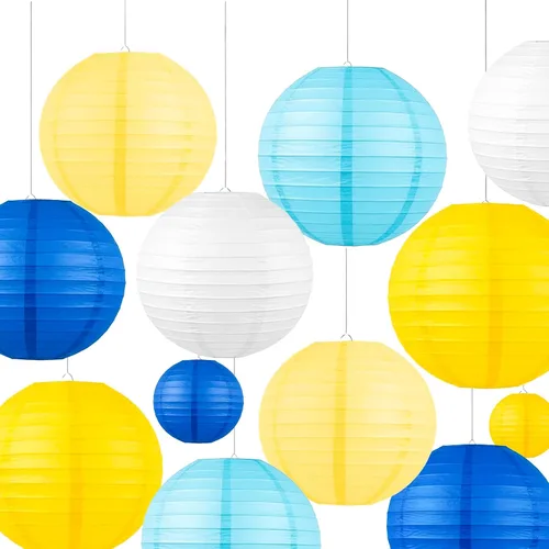 Vista 15 de Juego de linternas de papel azul y naranja (12 piezas) - Faroles colgantes de 6/8/10 pulgadas para fiestas de dibujos animados, eventos deportivos