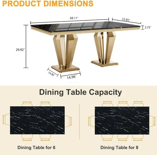Vista 7 de Mesa de comedor de mármol negro para 4, 6, 70 pulgadas, moderna mesa de comedor de cocina dorada con base de acero inoxidable con diseño
