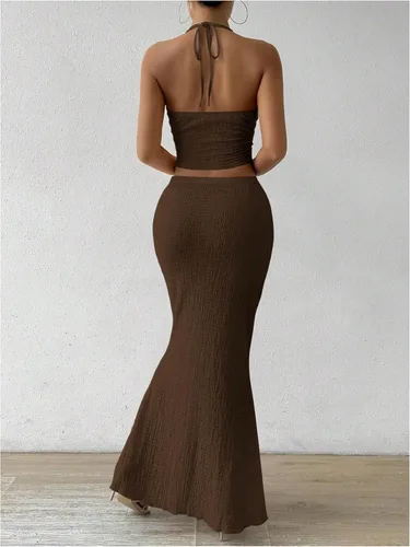 Vista 2 de SOLY HUX - Conjunto de dos piezas de verano para mujer, con parte superior tipo camisola con cuello halter, nudo frontal y falda marrón (Plain Brown)