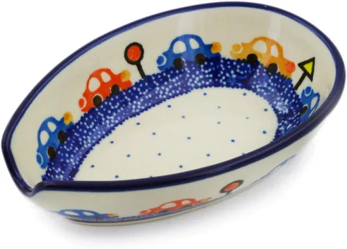Vista 10 de Auténtico soporte de cuchara de cerámica polaca en diseño de amapolas azules hecho a mano en Bolesławiec Polonia por Ceramika Artystyczna +