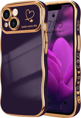 Vista 77 de LCHULLE - Funda para iPhone Air, linda para mujeres y niñas, con forma de onda, color azul bebé Luxury Plating Curly Wavy Frame with Love Heart