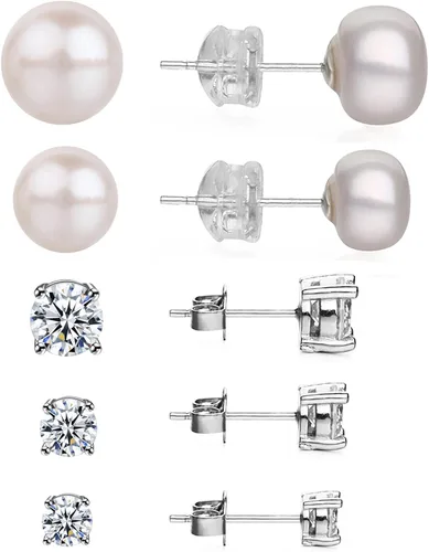 Vista 2 de Aretes de plata de ley 925 con circonita cúbica para mujeres y hombres, juego de aretes de perlas cultivadas en agua dulce natural, hipoalergénicos