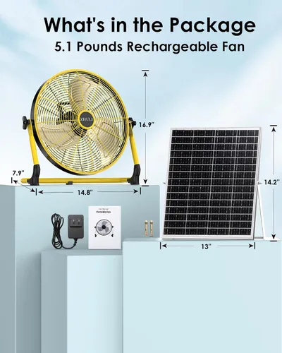 Vista 7 de ZHULI Ventilador solar de 14 pulgadas, ventilador de piso con batería Ventilador L amarillo de 14