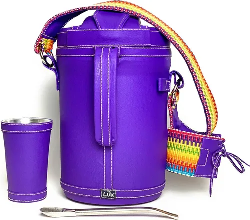 Vista 4 de Kit Yerba Mate Tereré Luk Termos, Artesanía Paraguaya Lila Faja Set Tereré Termo + Bombilla + Vaso guampa