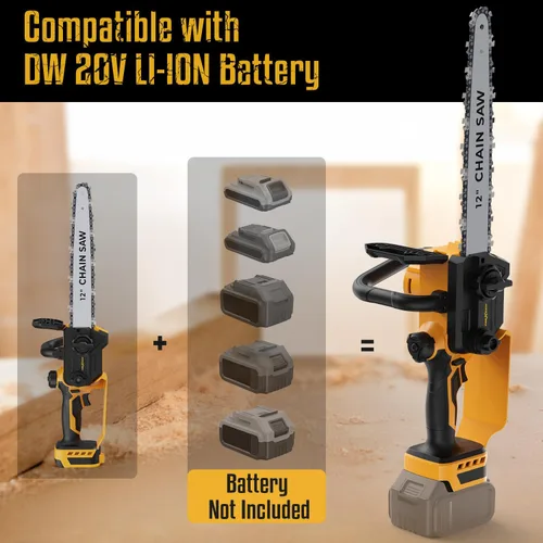 Vista 2 de Mini motosierra para batería Dewalt de 20 V máxima, motosierra eléctrica de 12 pulgadas inalámbrica con doble bloqueo de seguridad, sierra de cadena