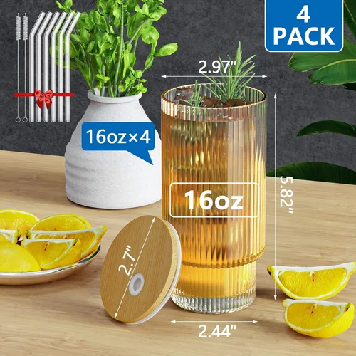 Vista 9 de CWHHRN Vaso de vidrio de 16 oz con tapa y pajita, vajilla vintage acanalada para whisky, cóctel, cerveza, tazas para café helado con tapa, vaso