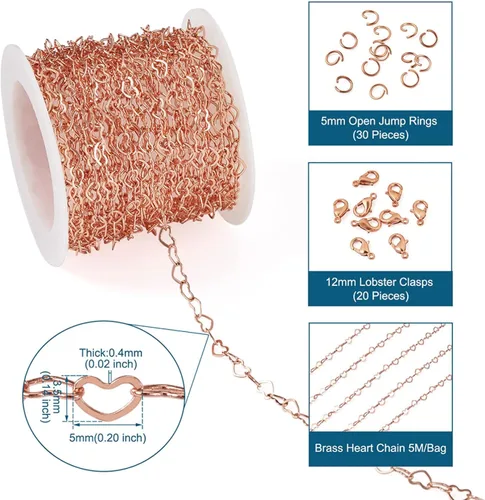 Vista 4 de PH PandaHall Cadenas de eslabones de corazón de latón de 16.4 pies, cadenas de corazón chapadas en oro rosa de 18 quilates, cadenas de joyería