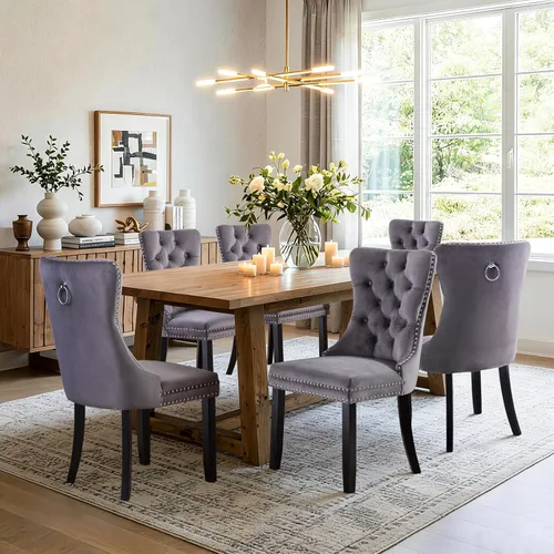 Vista 109 de SoarFlash Juego de 2 sillas de comedor de terciopelo, silla lateral de respaldo alto, silla lateral moderna tapizada de alta gama con botones Beige