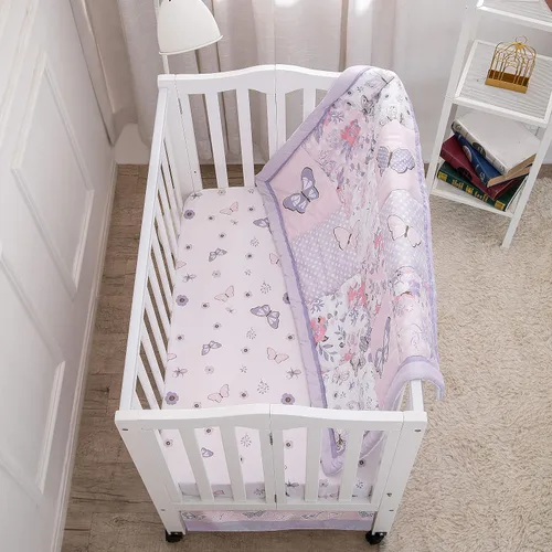 Vista 7 de La Premura Juego de ropa de cama de cuna pequeña para niñas, mariposa púrpura pastel, juego de cuna de 3 piezas para guardería, cuna portátil