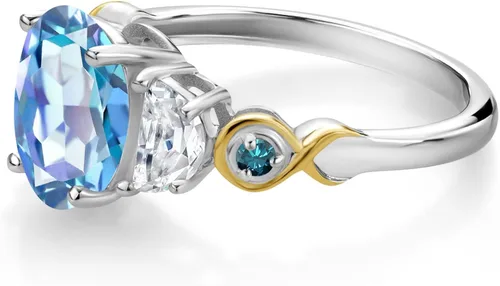 Vista 3 de Anillo ovalado de 3 piedras de plata 925 y oro amarillo de 10 quilates, cuarzo místico azul milenio y piedra gema, moissanita creada por King