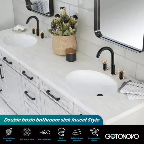 Vista 2 de gotonovo Grifo de baño de 3 agujeros de 8 pulgadas, grifo de tocador para fregadero de baño, 2 manijas cruzadas, lavabo de montaje en cubierta