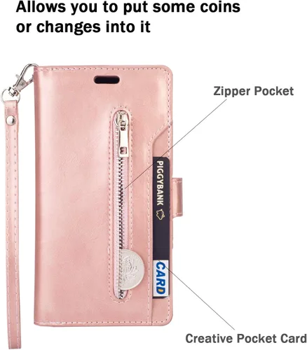 Vista 5 de ZCDAYE Funda tipo cartera para iPhone 11, cierre magnético, bolsillo con cremallera, función atril, piel sintética, funda interior de TPU suave
