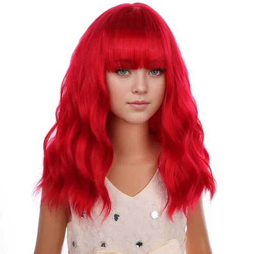 Vista 2 de Peluca roja corta ondulada roja con flequillo, peluca roja para niñas, resistente al calor, pelo sintético (rojo)