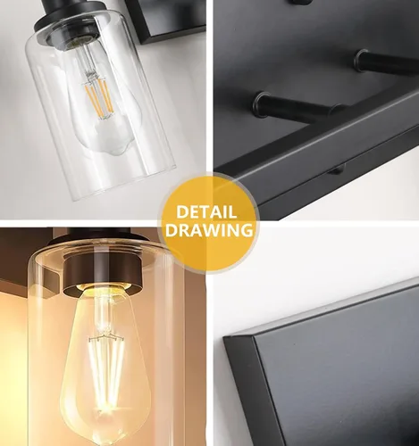 Vista 3 de Lámparas de baño, luces negras de 2 luces, luz de tocador de baño Modern Metal Frame Wall Lamp over Mirror with Clear Glass Shades, Vanity Lights