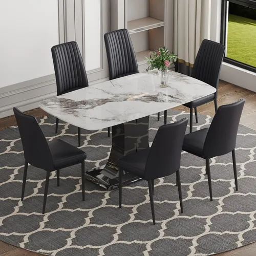 Vista 23 de Moderno juego de mesa de comedor para 4, mesa de vidrio de 63 pulgadas y base de MDF, mesa de comedor de mármol sintético negro con 4 sillas Mesa