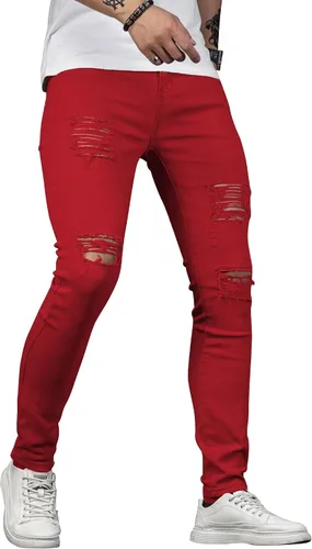 Vista 5 de HUNGSON Men's Blue Slim Fit Jeans Stretch Destroyed Ripped Skinny Jeans Side Striped Denim Pants