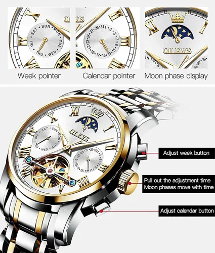 Vista 5 de OLEVS Relojes automáticos para hombre diseño de esqueleto Tourbillon cuerda automática reloj de pulsera de lujo fase lunar fecha impermeable