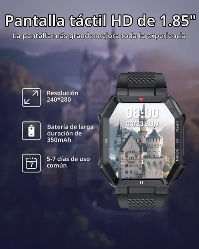 Vista 8 de Reloj inteligente con pantalla HD de 1.85 pulgadas, rastreador de ejercicio/llamada Bluetooth/modo deportivo, relojes inteligentes tácticos para 2