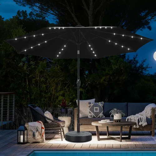 Vista 17 de Sombrilla solar de patio de 10 pies con base, 32 luces LED, sombrilla de mercado al aire libre con botón de inclinación y grietas para jardín Azul