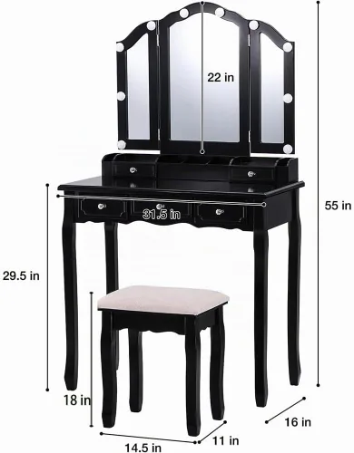 Vista 7 de BLEXA Escritorio negro con espejo y luces, tocador con juego de silla