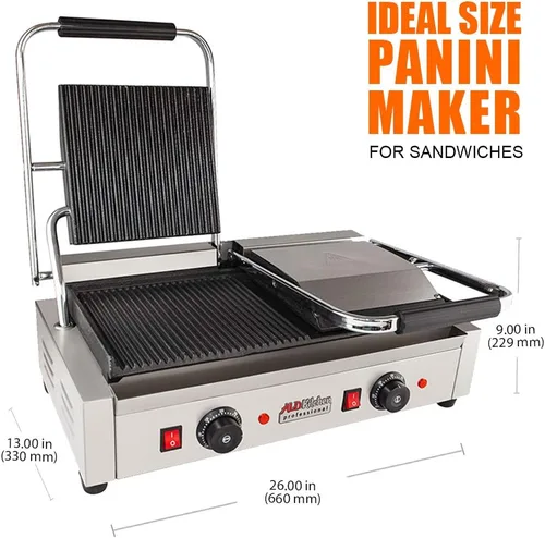 Vista 6 de ALDKitchen Panini - Parrilla de prensa para sándwich con control de temperatura ajustable, cabezal doble de 9 x 9 pulgadas (acanalado/liso)