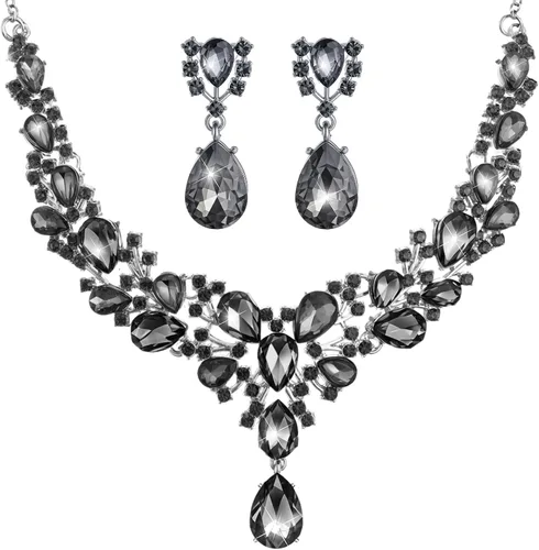 Vista 21 de Hicarer Conjunto de joyas de cristal en forma de lágrima nupcial para mujer, collar, aretes, boda Negro