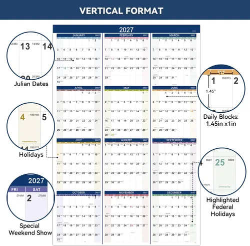 Vista 4 de Calendario anual de pared 2027, enero de 2027 a diciembre de 2027, planificador anual, 34.3 x 22.8 pulgadas (abierto), calendario de pared grande 27