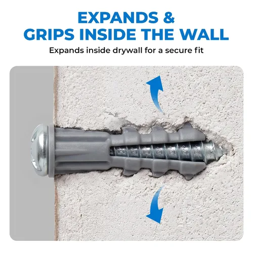 Vista 4 de Qualihome Kit de Anclajes de Plástico Acanalado para Paneles de Yeso - Anclajes de Pared y Tornillos para Paneles de Yeso Incluye Anclajes