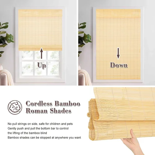 Vista 3 de Persianas romanas de bambú inalámbricas, persianas opacas beige, persianas de bambú para ventanas, puertas, puerta francesa