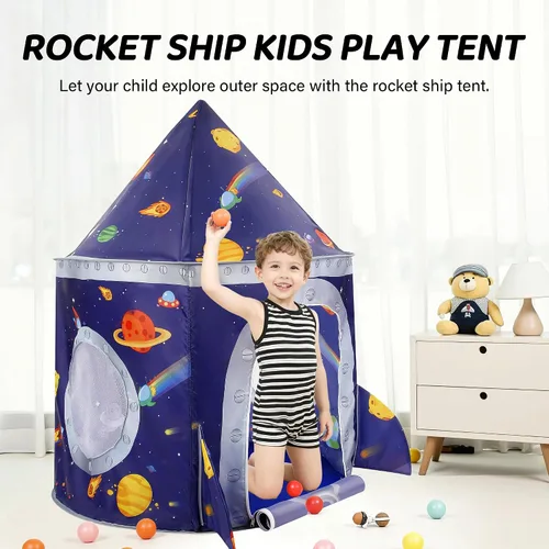 Vista 2 de Tienda de campaña de nave espacial para niños, tienda de juegos para niños con castillo de juguete, regalo para bebés niños y niñas de 3, 4, 5, 6, 7