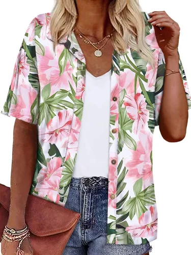 Vista 27 de LILYCHIC Camisas hawaianas de verano con botones de coco para mujer, camisas suaves con botones de manga corta A-hoja floral negra