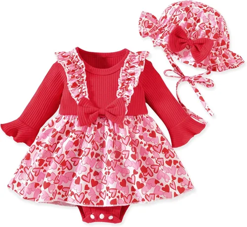 Vista 8 de Aalizzwell Vestido mameluco de una pieza para bebés y niñas con sombrero de 0 a 18 meses Rojo Navidad