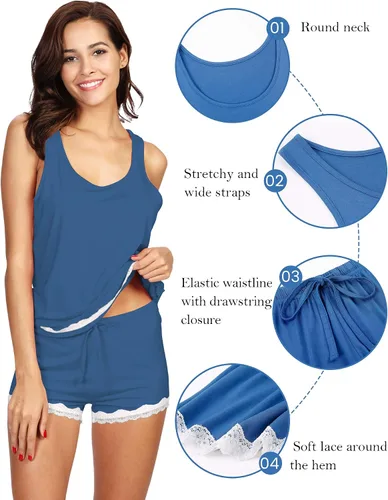 Vista 4 de WiWi Bamboo Viscose Pajamas for Women Soft Sleeveless Tank Top with Shorts Pajama Sets Scoop Neck Lace Hem Sleepwear S-4X