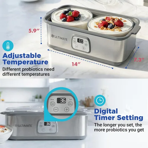 Vista 2 de Ultimate Yogurtera de Probióticos con Tiempo y Temperatura Ajustable - Produce Trillones de Probióticos Vivos con Dos Contenedores de 1 Quart