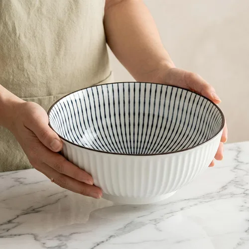 Vista 8 de QINLANG Juego de 3 cuencos grandes de sopa Pho & Ramen, 60 onzas, cuencos grandes de porcelana azul y blanca, patrón a rayas
