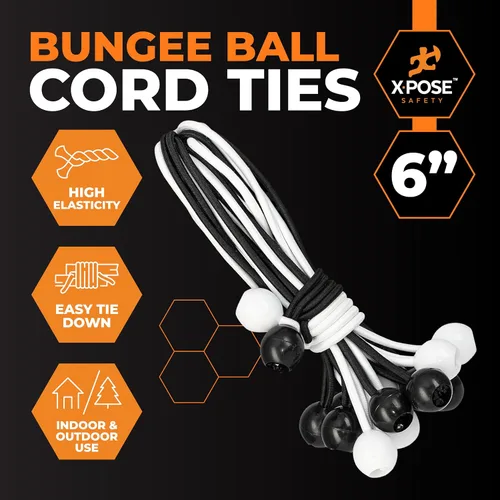 Vista 3 de Xpose Safety Cuerdas elásticas de bolas de 6 pulgadas, paquete de 10 cuerdas elásticas resistentes de colores surtidos en blanco y negro con lazos
