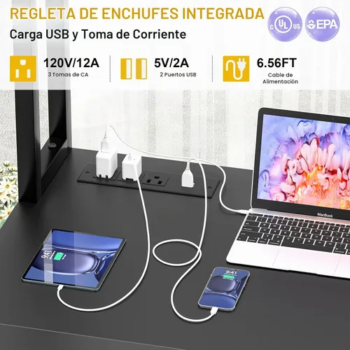Vista 5 de Aheaplus Escritorio en forma de L con toma de corriente, escritorio para juegos en forma de L con luz LED y alacena, escritorio reversible