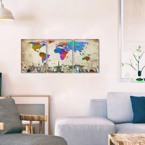 Vista 3 de Arte de pared de mapa del mundo para decoración de oficina, 3 piezas de edificios famosos de la Torre Eiffel, decoración de pared, obras de arte