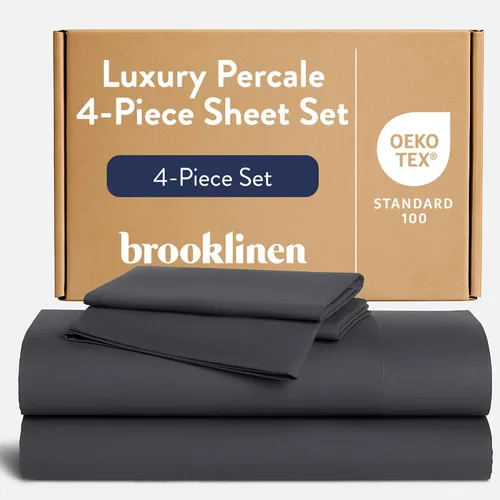 Vista 13 de Brooklinen Juego de sábanas de percal de lujo, 4 piezas, sábanas de cama 100% algodón, 1 sábana bajera y 1 sábana encimera, 2 fundas de almohada