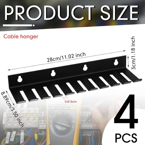 Vista 2 de Beeveer Organizador de cables para montaje en pared, 4 unidades, color negro, con 10 ranuras para cables, 0.32 pulgadas de ancho para organizar