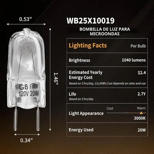 Vista 2 de Bombilla halógena compatible con GE, Samsung, Kenmore, Elite, Maytag, microondas sobre la estufa, luz nocturna/luz para estufa para microondas GE