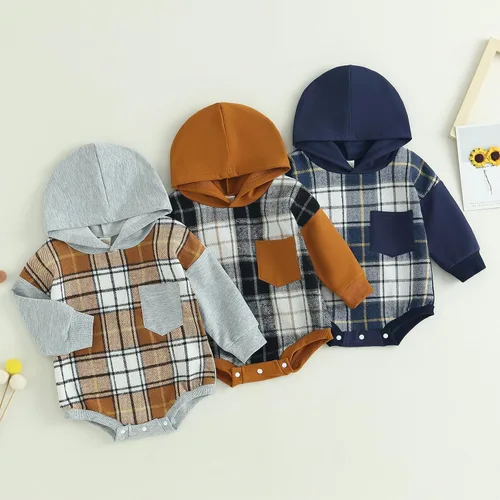 Vista 7 de Socutebabe Ropa de otoño para bebé niño, manga larga, sudadera con capucha de tablero de ajedrez, sudadera con capucha para mamá