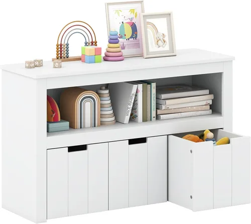 Vista 12 de HONEY JOY Organizador de almacenamiento de juguetes para niños, estante de guardería para niños, 3 cajas de juguetes de madera con ruedas, armario