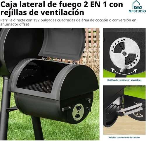 Vista 6 de MFSTUDIO Parrilla ahumadora de madera de carbón resistente para exteriores, parrilla de carbón con ahumador combinado para asar a la barbacoa, 512