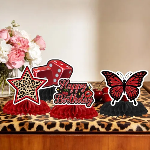 Vista 6 de 9 piezas de decoración de cumpleaños con estampado de guepardo, labios de leopardo, cerezas, dados de panal, decoración de mesa retro para fiesta
