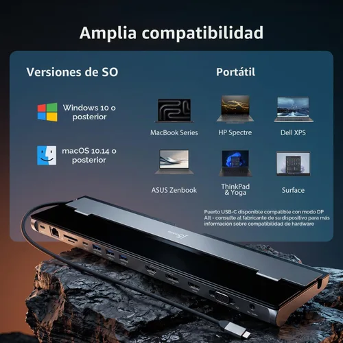 Vista 8 de Estación de acoplamiento USB C de j5create: Soporta hasta 3 pantallas simultáneamente HDMI, DisplayPort, VGA, carga rápida PD de 100 W, Gigabit