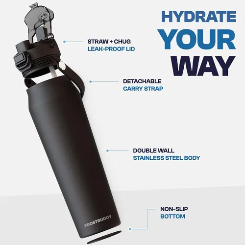 Vista 3 de Frost Buddy botella de agua aislada de 32 onzas con pajilla y tapa para beber Acero inoxidable a prueba de fugas 24 horas de frío Resistente