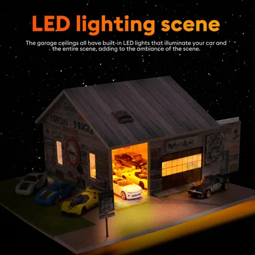 Vista 3 de Vitrina para Hot Wheels, 1/64 LED Garage Diorama, capacidad para más de 30 autos
